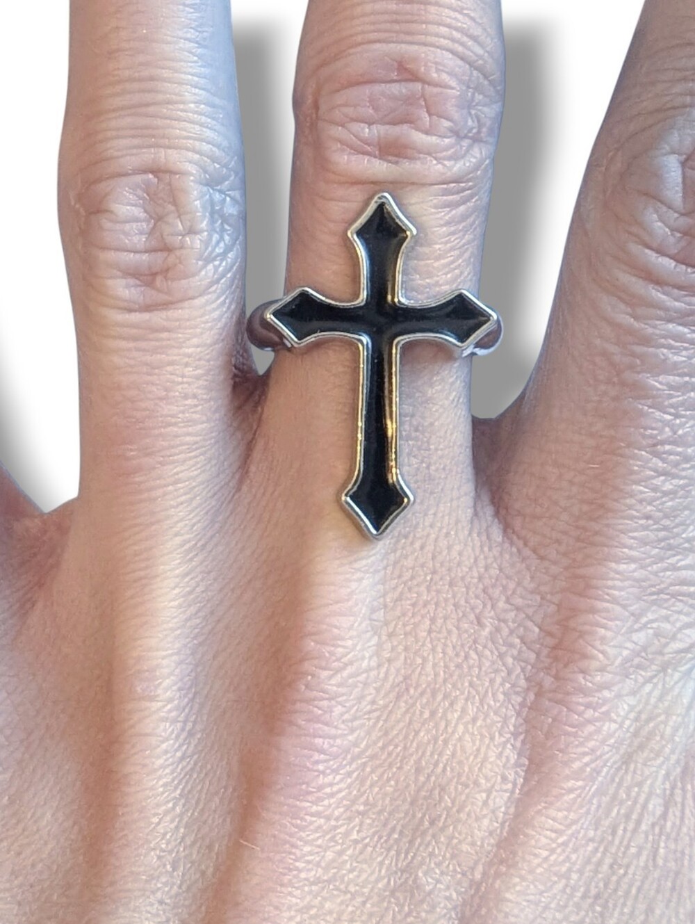 NWT Large Silver and Black Cross Ring Adjustable Size Unisex - Picture 2 of 10